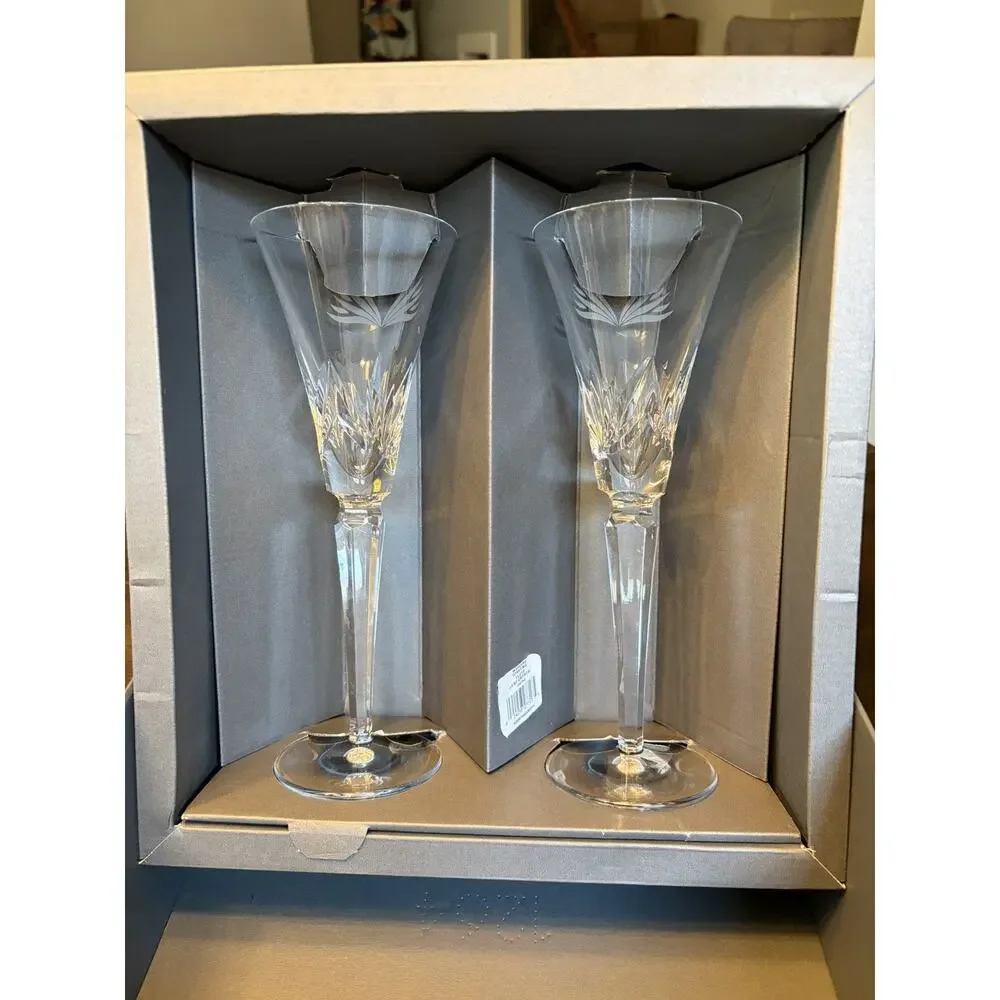 PAIR Waterford CHAMPAGNE TOASTING FLUTES Swans Wedding Collection Heart LARGE